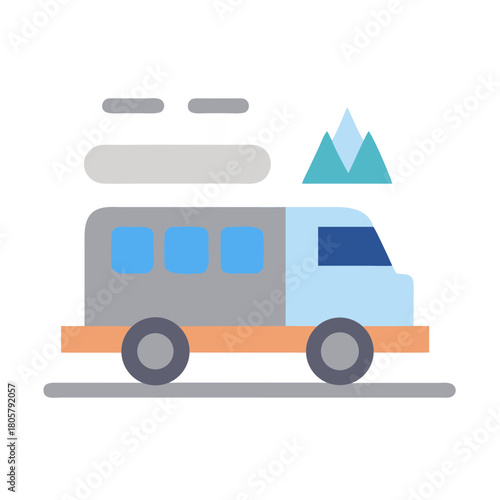 Flat design campervan illustration with luggage and mountain view
