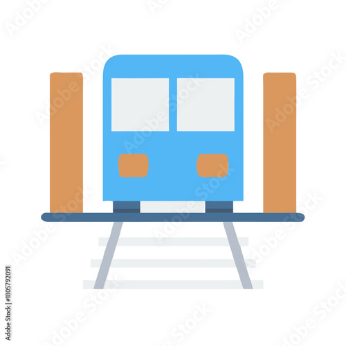 Blue train on railway platform illustration with simple design