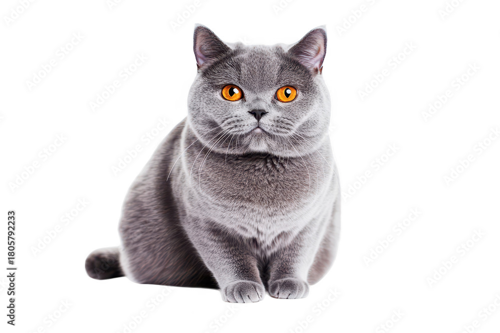 Fototapeta premium A fluffy gray cat with striking orange eyes sits elegantly against a white background. its unique features and captivating gaze. perfect for pet-related content