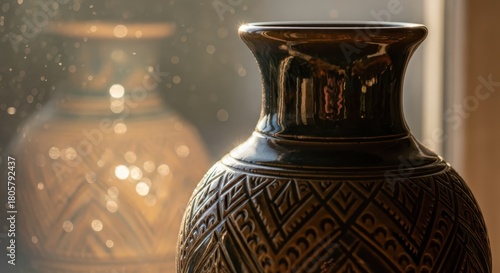 Dark ceramic vase with intricate carving reflects soft light beside its blurred counterpart