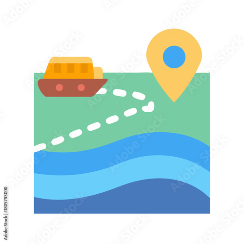 Flat illustration of boat route on ocean map
