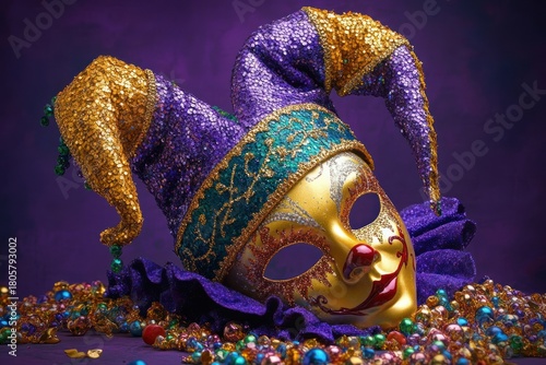 ornate gold masquerade mask with purple and gold sequined jester hat and ruffled collar surrounded by colorful beads, festive and mysterious carnival mood