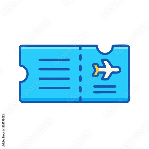 A blue stylized airline ticket with small airplane symbol
