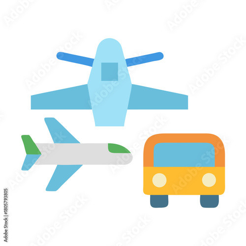 Iconic transportation methods illustration showing airplane, helicopter, and bus