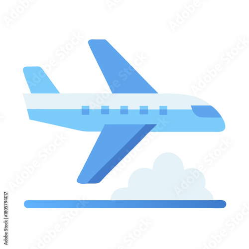 Flat design airplane taking off above cartoon styled cloud