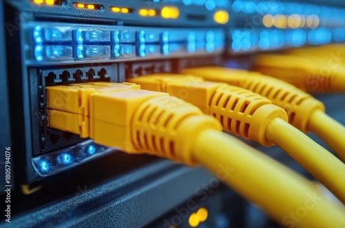 close-up of yellow network cables plugged into a glowing network switch conveying connectivity, speed and high-tech precision