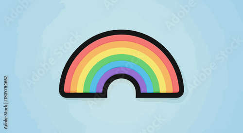 Vibrant Rainbow Arc with Black Outline on Light Blue Background.