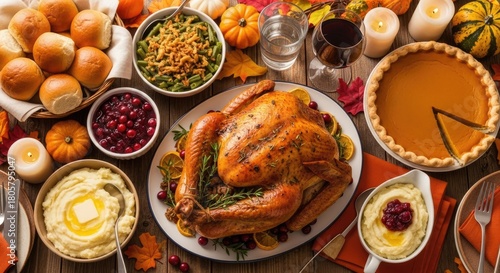 A beautifully arranged Thanksgiving dinner table with a roasted turkey, mashed potatoes, cranberry sauce, and other traditional dishes.