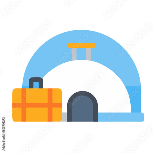 Flat design illustration of igloo with suitcase in black background