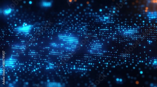 Glowing blue pixel grid of floating data points on a dark surface with scattered orange highlights, creating a futuristic, mysterious digital landscape