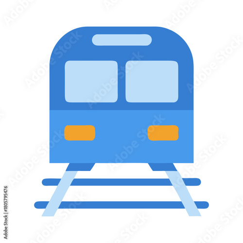 Modern blue subway train on tracks with orange lights