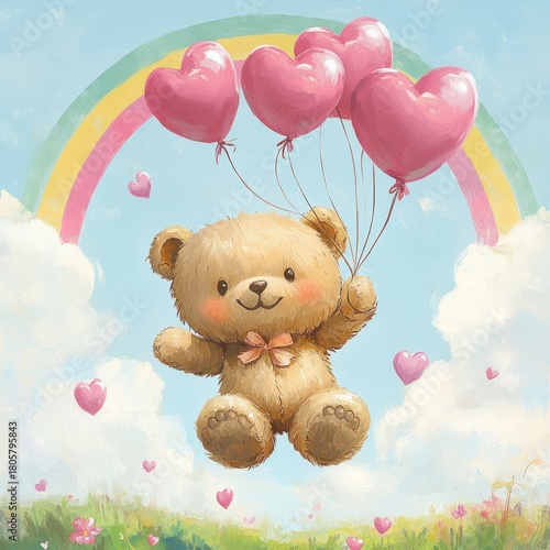 Smiling teddy bear with pink heart-shaped balloons floating under a rainbow above fluffy clouds over a flowery meadow, whimsical joyful and dreamy