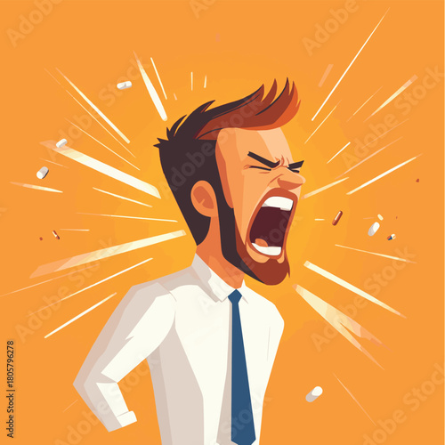 anger management, angry concept. furious business man shouting, medicine, drug. mental illness therapy.  minimal cartoon vector illustration , vector style simple color