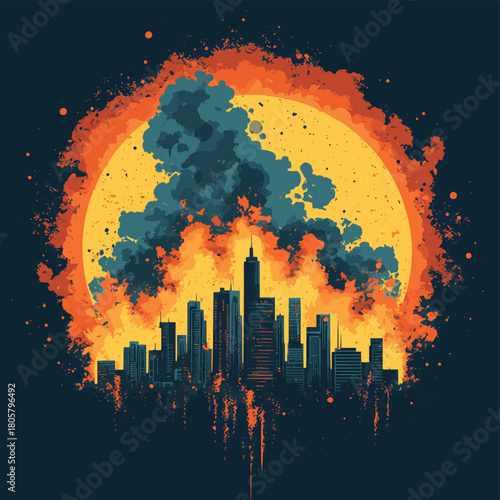 chaos concept, burning city with fire flame smoke, represent violence protest recession inflating, vector    , vector style simple color