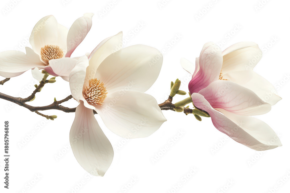 Obraz premium Close-up view of delicate magnolia flowers in full bloom. their soft white and pink petals against a clean white background. ideal for nature-themed designs and floral arrangements