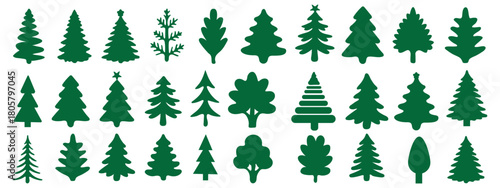 Christmas tree icon set. Vector illustration of pine silhouette