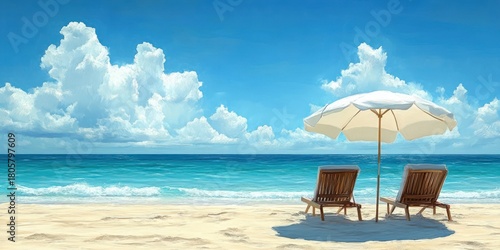 Two wooden lounge chairs beneath a white beach umbrella on sunlit sand facing turquoise ocean, gentle waves and fluffy clouds under a bright blue sky, evoking calm relaxation