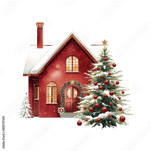christmas tree with house and snow