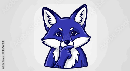 Contemplative Blue Fox Cartoon Character with Finger on Chin.