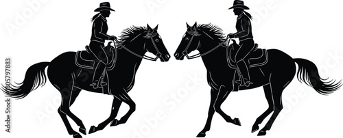 Black silhouette vector of two cowgirls riding galloping horses facing each other, isolated on white background for western ranch and rodeo design.