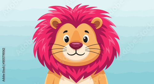 Cute cartoon lion with a vibrant pink mane and friendly expression.