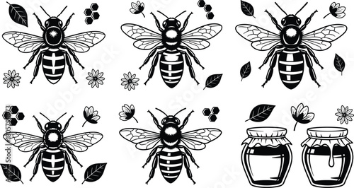 Collection of decorative honey bees and jars with floral elements, vector illustration isolated on white background for organic nature logo design.