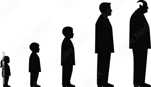 Human aging process stages, silhouette set of male generation growing up from baby to elderly, life cycle development timeline, vector illustration isolated