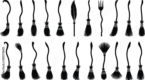 Halloween witch broomstick silhouette collection, magic flying besom black icons set, spooky sorcery tools vector illustration, fantasy wizard accessories design elements.