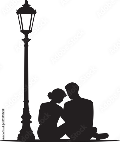 Lamp Post Couple Silhouette | Valentine Night Illustration