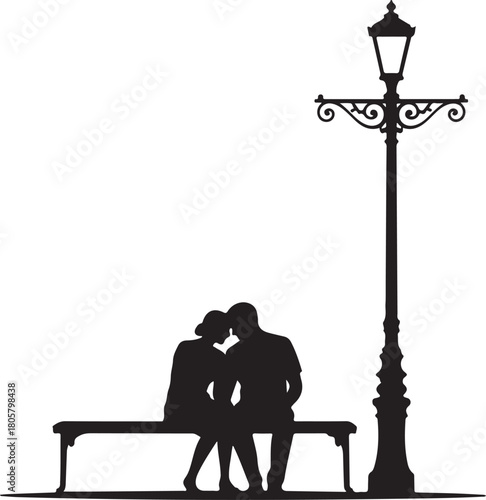 Lamp Post Couple Silhouette | Valentine Night Illustration