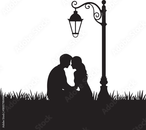 Lamp Post Couple Silhouette | Valentine Night Illustration