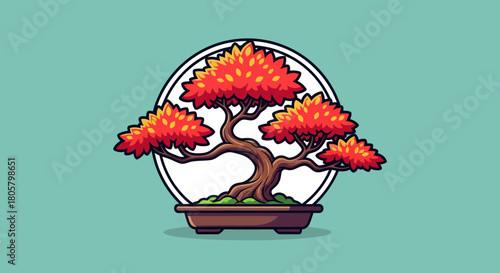 Stylized Bonsai Tree with Red Leaves in Pot.