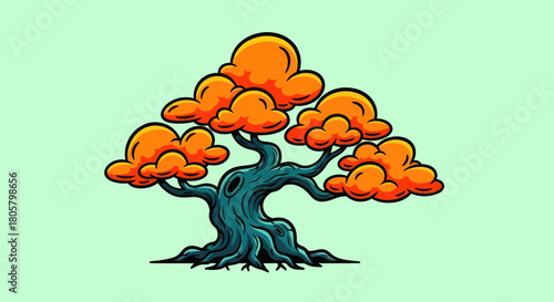 Stylized Bonsai Tree with Vibrant Orange Foliage.