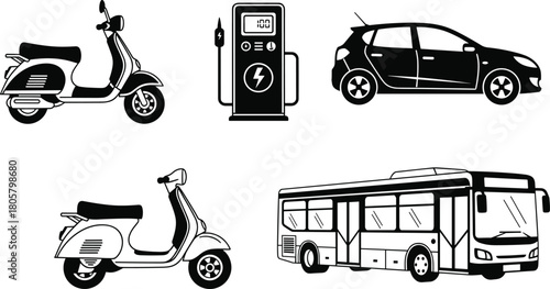Set of black and white transportation icons including scooter, electric charging station, car, and city bus, vector illustration isolated on white background.