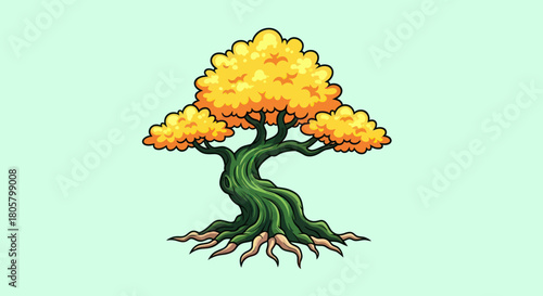 Stylized Tree with Golden Leaves and Twisted Trunk Illustration.