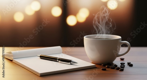 Steaming hot beverage rests beside blank notepad and writing implement on wooden surface