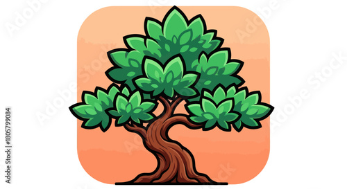 Vibrant cartoon tree with lush green leaves and a sturdy brown trunk against a warm background.