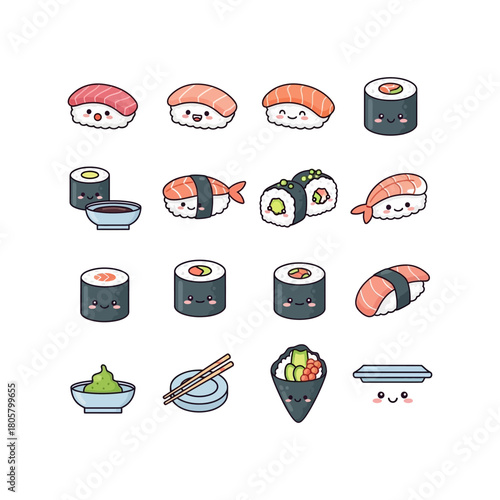 Adorable cartoon sushi and related elements arranged on a white background, smiling.