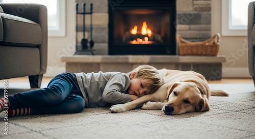 Boy Sleeping on Dog by Fireplace in Cozy Living Room Scene