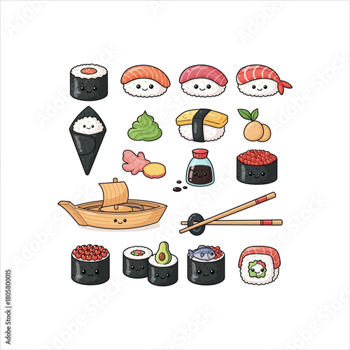 A charming collection of kawaii sushi and Japanese food items, including nigiri, maki, wasabi, and a smiling sushi boat.