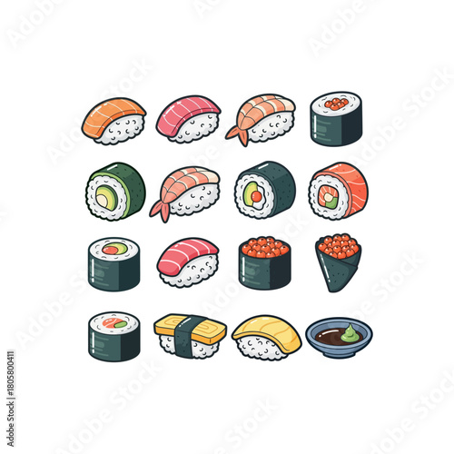A vibrant collection of various stylized Japanese sushi types, including nigiri, maki rolls, and sashimi, presented as a colorful illustration.