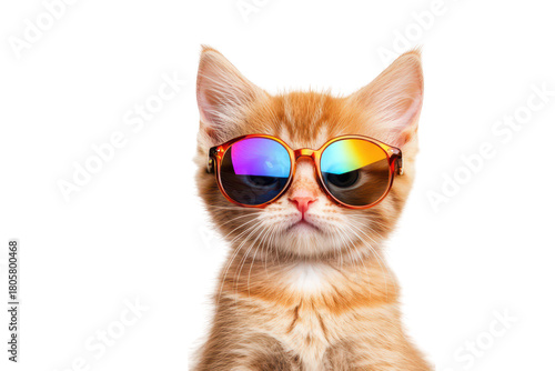 A stylish orange tabby cat wearing colorful sunglasses poses confidently against a plain white background. its playful personality and trendy fashion sense