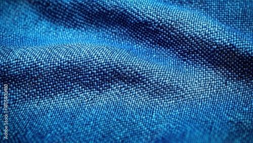 Close-up of blue woven fabric with visible threads and soft folds, tactile textured surface evoking calm and cozy mood