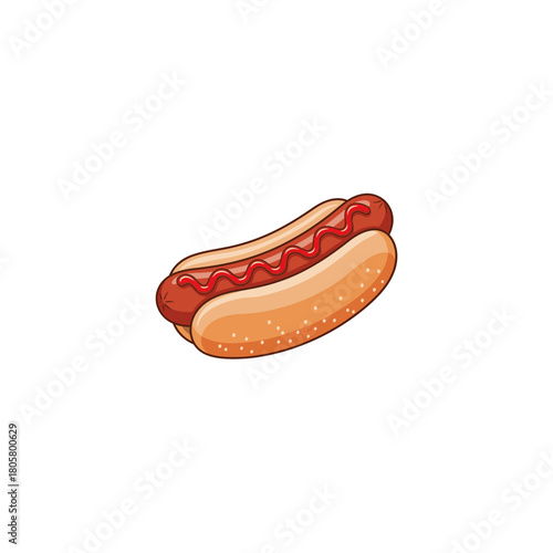 Cartoon illustration of a hotdog with a sausage in a bun, topped with a zig-zag of red ketchup.