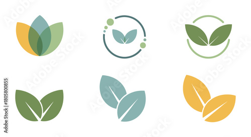 Collection of six minimalist leaf logos in various styles and colors.