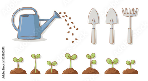Gardening Essentials Watering Can Tools and Plant Growth Stages.