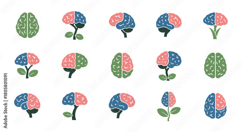 Fototapeta premium Collection of creative brain illustrations symbolizing growth intelligence and mental wellbeing.