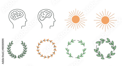 Collection of handdrawn human brain profiles sunbursts and laurel wreaths.