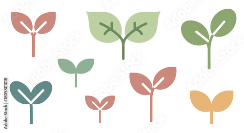 Collection of various colorful plant sprouts and seedlings in a flat design style.