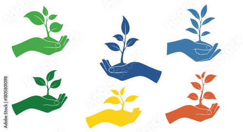 Colorful hands holding small green plants symbolizing growth and environmental care.
